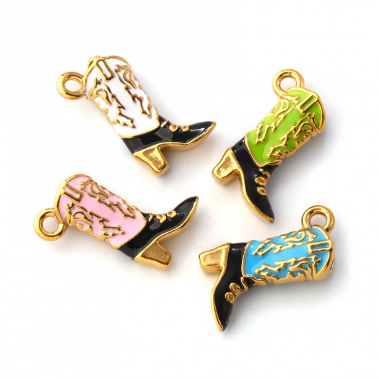 Image de 1 Pièce Breloques en 304 Acier Inoxydable Revêtement sous Vide PVD Respectueux de l'Environnement Cowboy de l'Ouest Plaqué Or 18K Émail Bottes 3D 19mm x 14mm