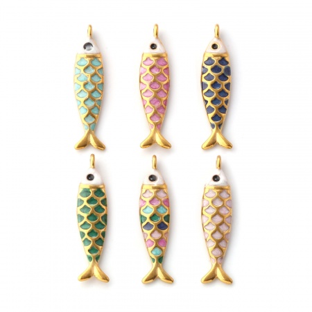 Immagine di 1 Pz Placcatura Sottovuoto PVD Ecologica 304 Acciaio Inossidabile Gioielli Oceanici Ciondoli Placcato Oro 18K Smalto Pesce Madreperla 26mm x 6mm