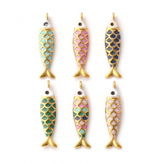 Immagine di 1 Pz Placcatura Sottovuoto PVD Ecologica 304 Acciaio Inossidabile Gioielli Oceanici Ciondoli Placcato Oro 18K Smalto Pesce Madreperla 26mm x 6mm