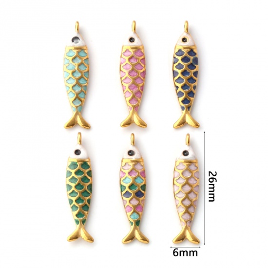 Immagine di 1 Pz Placcatura Sottovuoto PVD Ecologica 304 Acciaio Inossidabile Gioielli Oceanici Ciondoli Placcato Oro 18K Smalto Pesce Madreperla 26mm x 6mm