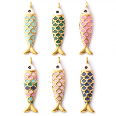Picture of Eco-friendly PVD Vacuum Plating 304 Stainless Steel Ocean Jewelry Pendants 18K Gold Plated Enamel Fish Animal Pearlized 4.9cm x 1.2cm