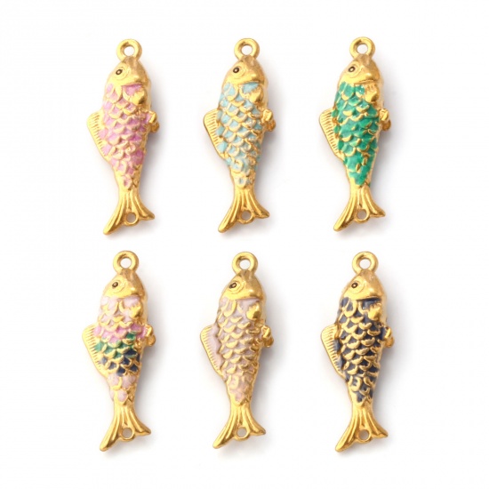 Immagine di 1 Pz Placcatura Sottovuoto PVD Ecologica 304 Acciaio Inossidabile Gioielli Oceanici Pendenti Charms Connettori Pesce Placcato Oro 18K Smalto Madreperla