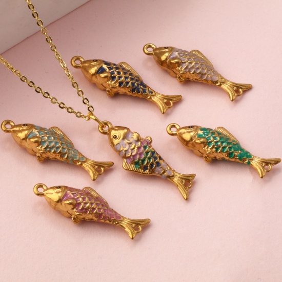 Immagine di 1 Pz Placcatura Sottovuoto PVD Ecologica 304 Acciaio Inossidabile Gioielli Oceanici Pendenti Charms Connettori Pesce Placcato Oro 18K Smalto Madreperla