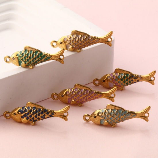 Bild von Umweltfreundliche PVD-Vakuumbeschichtung 304 Edelstahl Ozean Schmuck Steckverbinder Charms Anhänger Fisch 18K Vergoldet Emaille Perlmuttartig 3.8cm x 1.3cm