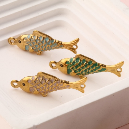 Bild von Umweltfreundliche PVD-Vakuumbeschichtung 304 Edelstahl Ozean Schmuck Steckverbinder Charms Anhänger Fisch 18K Vergoldet Emaille Perlmuttartig 3.8cm x 1.3cm