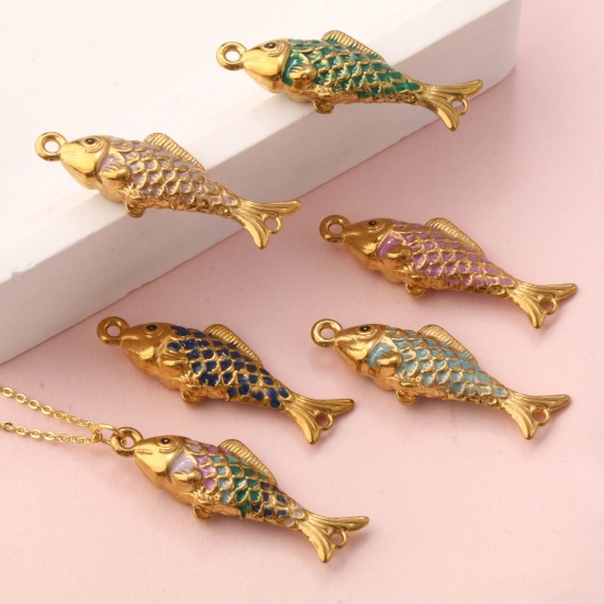 Bild von Umweltfreundliche PVD-Vakuumbeschichtung 304 Edelstahl Ozean Schmuck Steckverbinder Charms Anhänger Fisch 18K Vergoldet Emaille Perlmuttartig 3.8cm x 1.3cm