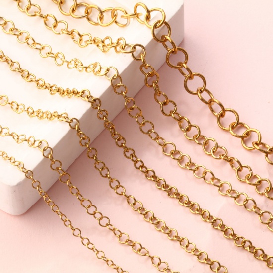 Picture of 1 M Eco-friendly PVD Vacuum Plating 304 Stainless Steel Open Rolo Chain For Handmade DIY Jewelry Making Findings 18K Real Gold Plated