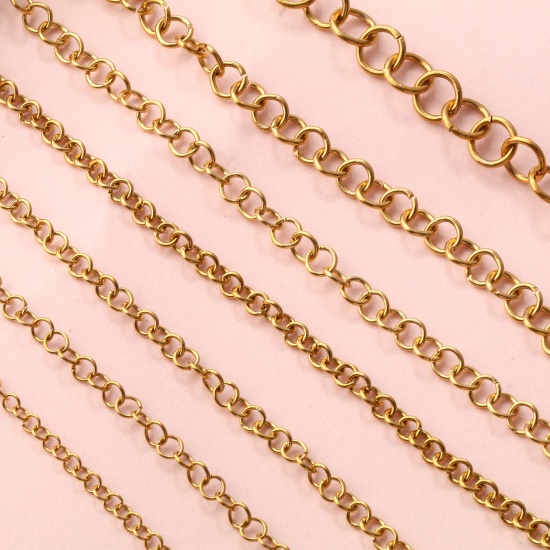 Picture of 1 M Eco-friendly PVD Vacuum Plating 304 Stainless Steel Open Rolo Chain For Handmade DIY Jewelry Making Findings 18K Real Gold Plated