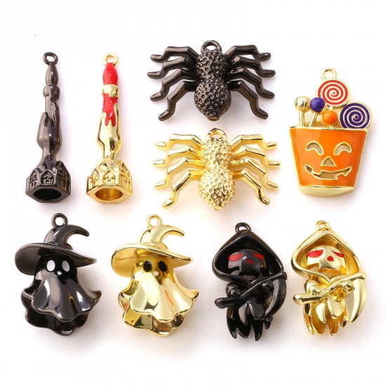 1 Piece Brass Halloween Pendants Multicolor Enamel Halloween Spider Animal Halloween Ghost の画像