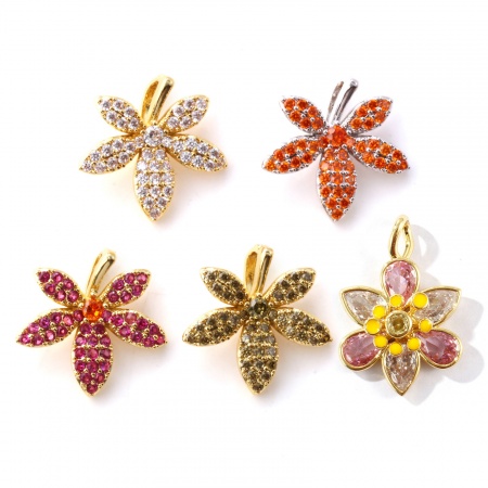 Brass & Cubic Zirconia Pendants Multicolor Flower Micro Pave