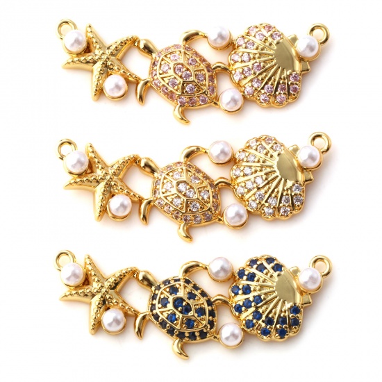Immagine di 1 Piece Brass & Cubic Zirconia Ocean Jewelry Connectors Charms Pendants 18K Gold Plated White Shell Star Fish Acrylic Imitation Pearl 3.5cm x 1.4cm