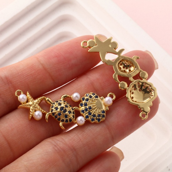 Immagine di 1 Piece Brass & Cubic Zirconia Ocean Jewelry Connectors Charms Pendants 18K Gold Plated White Shell Star Fish Acrylic Imitation Pearl 3.5cm x 1.4cm