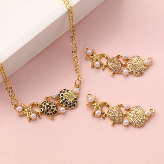 Immagine di 1 Piece Brass & Cubic Zirconia Ocean Jewelry Connectors Charms Pendants 18K Gold Plated White Shell Star Fish Acrylic Imitation Pearl 3.5cm x 1.4cm