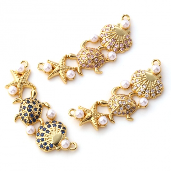 Immagine di 1 Piece Brass & Cubic Zirconia Ocean Jewelry Connectors Charms Pendants 18K Gold Plated White Shell Star Fish Acrylic Imitation Pearl 3.5cm x 1.4cm