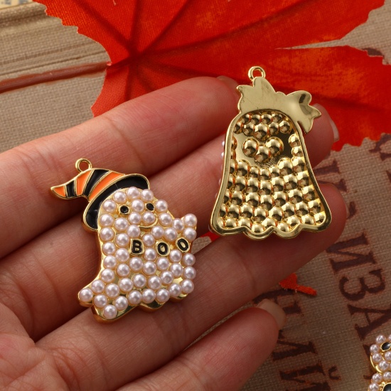 Immagine di 1 Pz Ottone Ciondoli Pendenti Placcato Oro 18K Halloween Fantasma Perla Imitato Acrilico