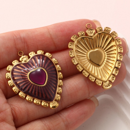 Picture of Eco-friendly PVD Vacuum Plating 304 Stainless Steel Valentine's Day Pendants 18K Real Gold Plated Enamel Heart 3.4cm x 2.9cm