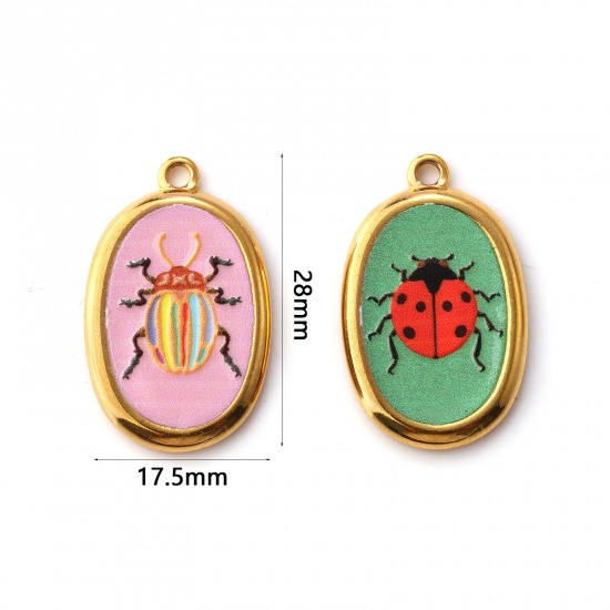 2 PCs Eco-friendly PVD Vacuum Plating 304 Stainless Steel Insect Charms 18K Real Gold Plated Multicolor Oval Printed 28mm x 17.5mm の画像