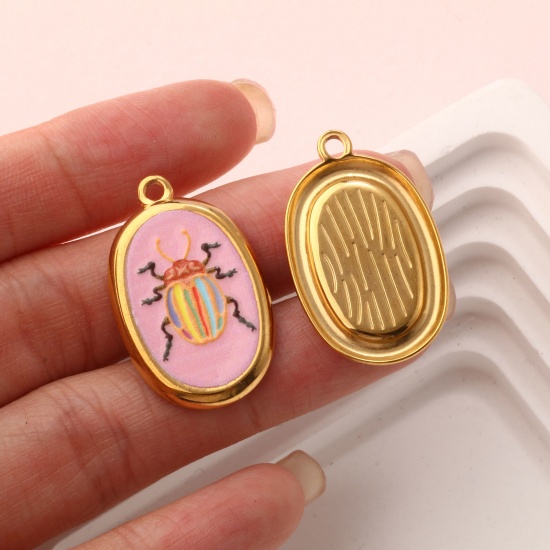 2 PCs Eco-friendly PVD Vacuum Plating 304 Stainless Steel Insect Charms 18K Real Gold Plated Multicolor Oval Printed 28mm x 17.5mm の画像