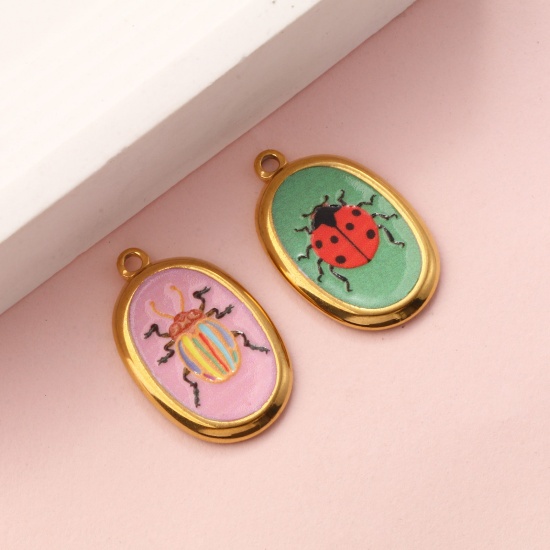 2 PCs Eco-friendly PVD Vacuum Plating 304 Stainless Steel Insect Charms 18K Real Gold Plated Multicolor Oval Printed 28mm x 17.5mm の画像