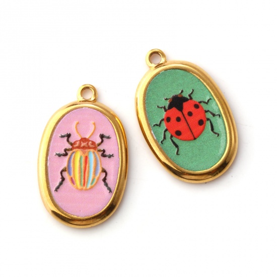 2 PCs Eco-friendly PVD Vacuum Plating 304 Stainless Steel Insect Charms 18K Real Gold Plated Multicolor Oval Printed 28mm x 17.5mm の画像