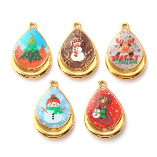 2 PCs Eco-friendly PVD Vacuum Plating 304 Stainless Steel Christmas Charms 18K Real Gold Plated Multicolor Drop Printed 28mm x 19mm の画像