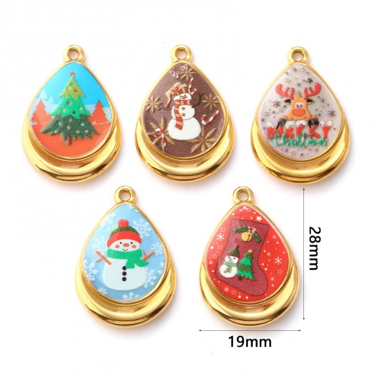 2 PCs Eco-friendly PVD Vacuum Plating 304 Stainless Steel Christmas Charms 18K Real Gold Plated Multicolor Drop Printed 28mm x 19mm の画像