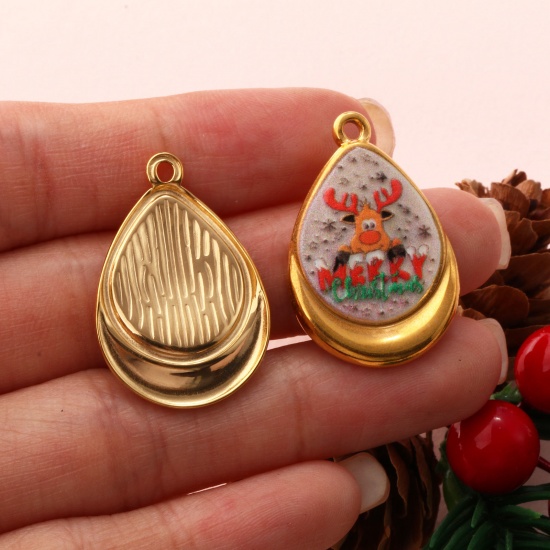 2 PCs Eco-friendly PVD Vacuum Plating 304 Stainless Steel Christmas Charms 18K Real Gold Plated Multicolor Drop Printed 28mm x 19mm の画像