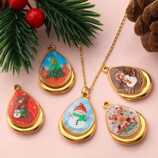 2 PCs Eco-friendly PVD Vacuum Plating 304 Stainless Steel Christmas Charms 18K Real Gold Plated Multicolor Drop Printed 28mm x 19mm の画像