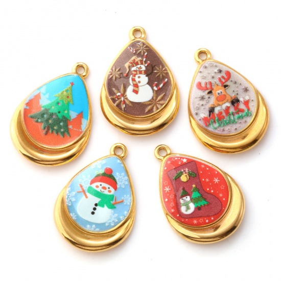 2 PCs Eco-friendly PVD Vacuum Plating 304 Stainless Steel Christmas Charms 18K Real Gold Plated Multicolor Drop Printed 28mm x 19mm の画像