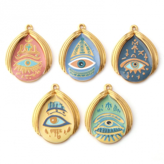 1 Piece Eco-friendly PVD Vacuum Plating 304 Stainless Steel Religious Pendants 18K Real Gold Plated Multicolor Drop Evil Eye Printed 3.2cm x 2.5cm の画像