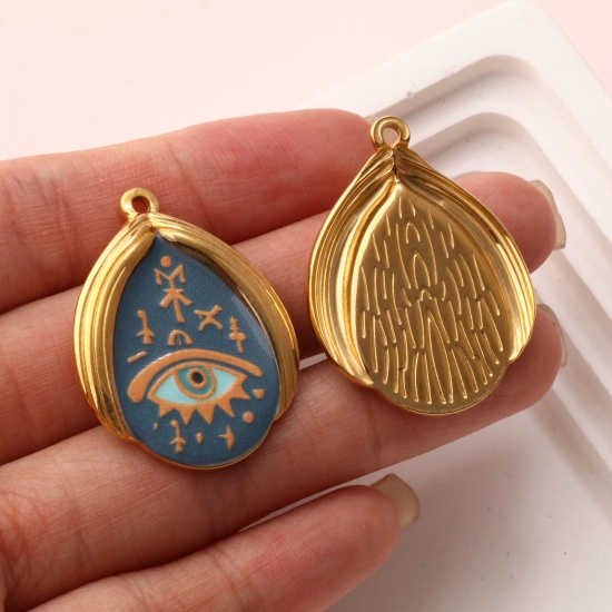 1 Piece Eco-friendly PVD Vacuum Plating 304 Stainless Steel Religious Pendants 18K Real Gold Plated Multicolor Drop Evil Eye Printed 3.2cm x 2.5cm の画像