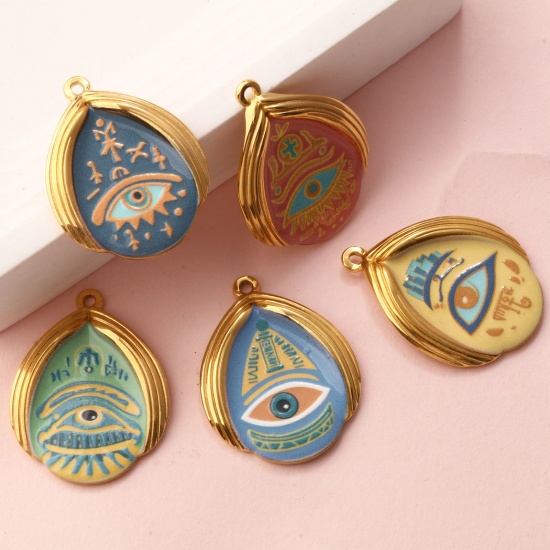 1 Piece Eco-friendly PVD Vacuum Plating 304 Stainless Steel Religious Pendants 18K Real Gold Plated Multicolor Drop Evil Eye Printed 3.2cm x 2.5cm の画像