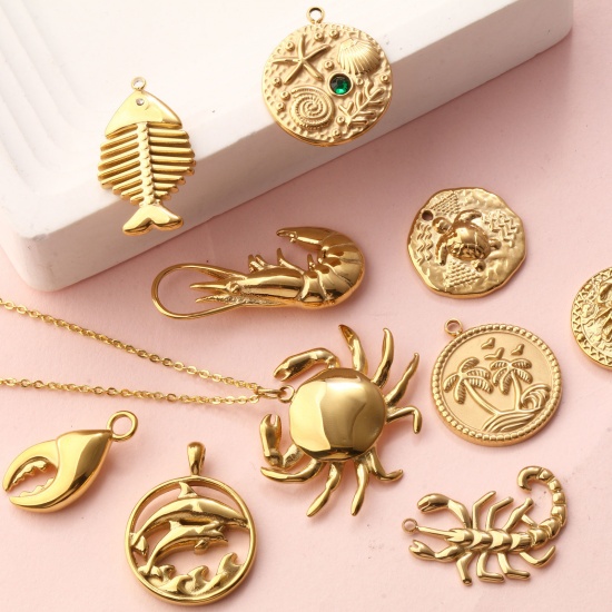 Picture of 1 Piece Eco-friendly PVD Vacuum Plating 304 Stainless Steel Ocean Jewelry Charms 18K Real Gold Plated