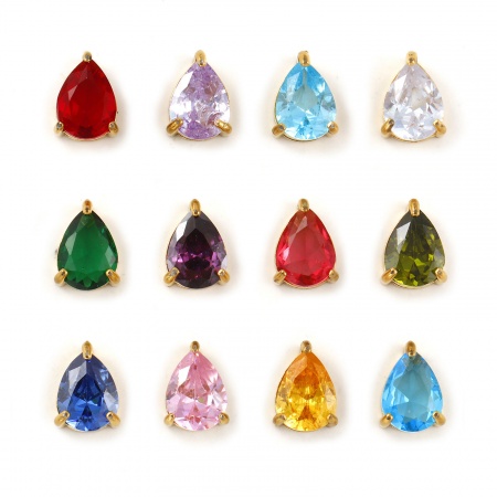 Eco-friendly PVD Vacuum Plating 304 Stainless Steel & Cubic Zirconia Birthstone Charms 18K Real Gold Plated Drop Mini 9mm x 6mm