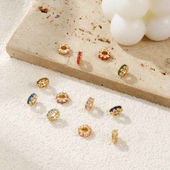 2 PCs Eco-friendly Brass & Cubic Zirconia Birthstone Spacer Beads For DIY Bracelet Jewelry Making Findings Drilled 18K Real Gold Plated Round Disc 8mm Dia., Hole: Approx 3.5mm の画像