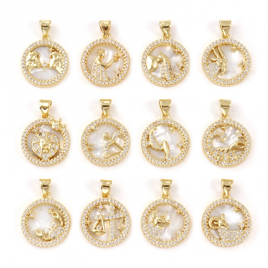 Imagen de 1 Piece Natural Shell & Brass Charm Pendant 18K Gold Plated White Round Zodiac Constellation Micro Pave Clear Cubic Zirconia 24mm x 17mm