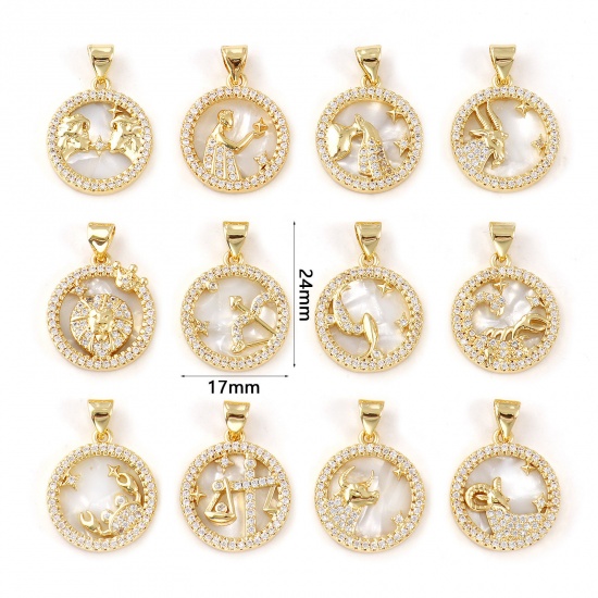 Imagen de 1 Piece Natural Shell & Brass Charm Pendant 18K Gold Plated White Round Zodiac Constellation Micro Pave Clear Cubic Zirconia 24mm x 17mm