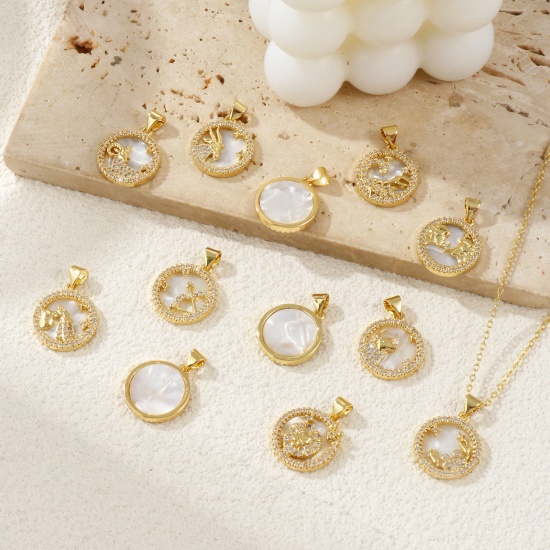 Imagen de 1 Piece Natural Shell & Brass Charm Pendant 18K Gold Plated White Round Zodiac Constellation Micro Pave Clear Cubic Zirconia 24mm x 17mm