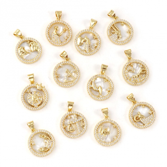 Imagen de 1 Piece Natural Shell & Brass Charm Pendant 18K Gold Plated White Round Zodiac Constellation Micro Pave Clear Cubic Zirconia 24mm x 17mm