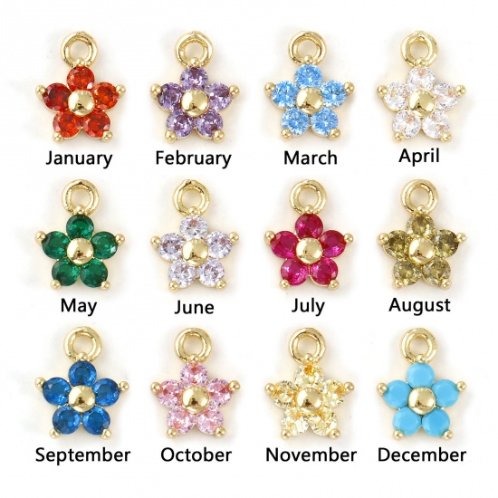 Bild von 2 PCs Brass & Cubic Zirconia Birthstone Charms 18K Gold Plated Flower Mini 10mm x 8mm