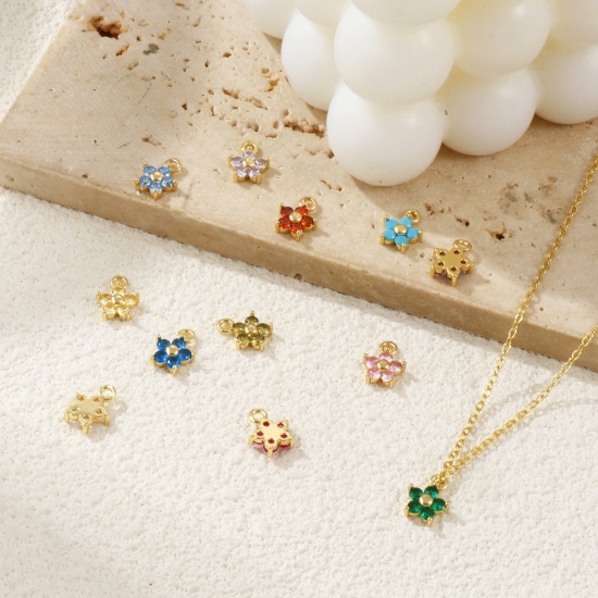 Bild von 2 PCs Brass & Cubic Zirconia Birthstone Charms 18K Gold Plated Flower Mini 10mm x 8mm
