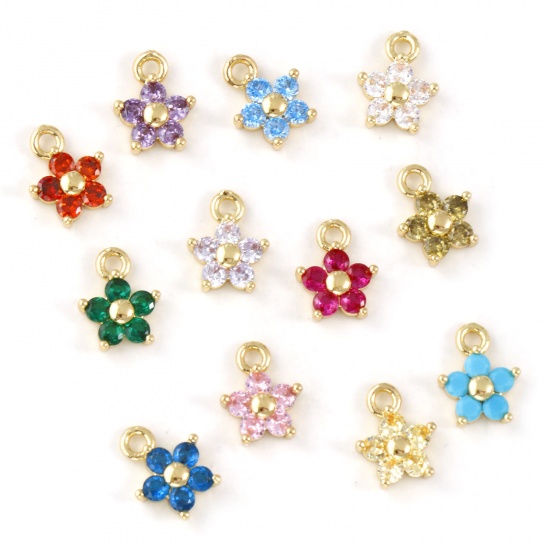 Bild von 2 PCs Brass & Cubic Zirconia Birthstone Charms 18K Gold Plated Flower Mini 10mm x 8mm