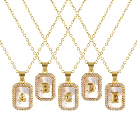 18K Real Gold Plated Link Cable Chain Octagon Pendant Charm Necklace, Natural Shell & Brass 46cm(18.1") + 6cm(2.4"), For Women, Clear Cubic Zirconia Message " A-Z " White Micro Pave, Retro Capital Alphabet Initial Letter Name Gift, Eco-friendly, 1 Piece