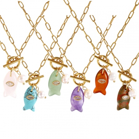 18K Real Gold Plated Paperclip Link Chain Fish Animal Pendant Charm Necklace, 304 Stainless Steel & Gemstone 45cm(17.7"), For Women, Clear Rhinestone Ocean Jewelry Stylish Gift, Eco-friendly PVD Vacuum Plating, 1 Piece