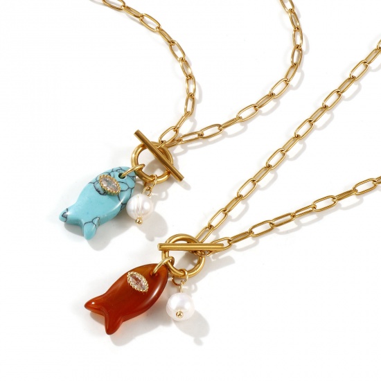 Imagen de 18K Real Gold Plated Paperclip Link Chain Fish Animal Pendant Charm Necklace, 304 Stainless Steel & Gemstone 45cm(17.7"), For Women, Clear Rhinestone Ocean Jewelry Stylish Gift, Eco-friendly PVD Vacuum Plating, 1 Piece