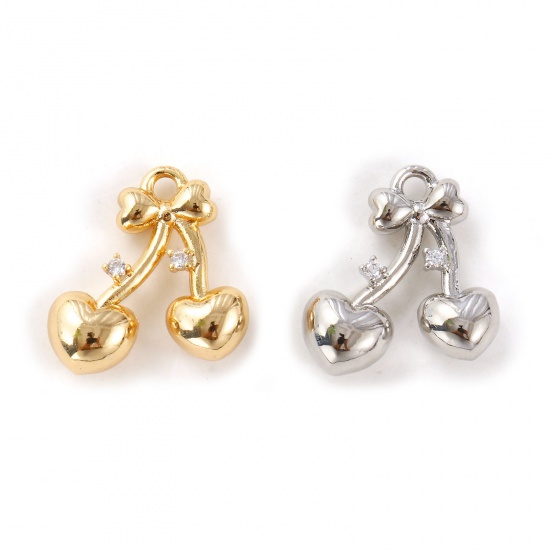 Immagine di 2 Pz Ecologico Ottone San Valentino Ciondoli Vero Oro Placcato Ciliegia Cuore 3D Trasparente Cubic Zirconiae 16mm x 15mm