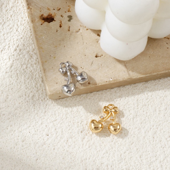 Immagine di 2 Pz Ecologico Ottone San Valentino Ciondoli Vero Oro Placcato Ciliegia Cuore 3D Trasparente Cubic Zirconiae 16mm x 15mm