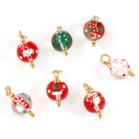 Immagine di 2 Pz Placcatura Sottovuoto PVD Ecologica 304 Acciaio Inossidabile & Resina Natale Ciondoli Placcato Oro 18K Smalto Palla 25mm x 12mm
