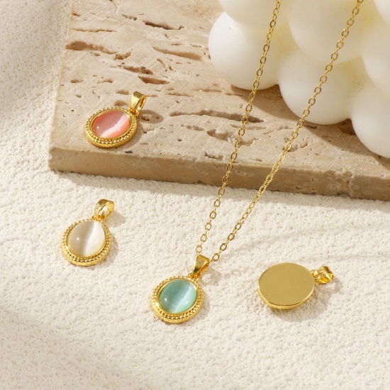 2 個 真鍮 & 樹脂 チャーム ペンダント 18Kゴールドメッキ 楕円形 キャッツアイ模造 20mm x 12mm、 の画像