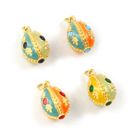 Image de 1 Pièce Breloques en Laiton & Strass Plaqué Or 18K Multicolore Émail Œuf de Pâques 3D 24mm x 13mm